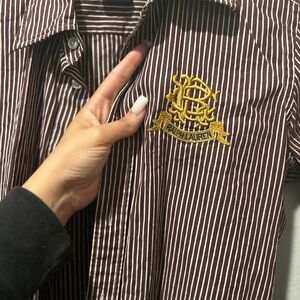 Ralph Lauren Maroon and White Striped Button-Down with Gold Embroidered Crest
